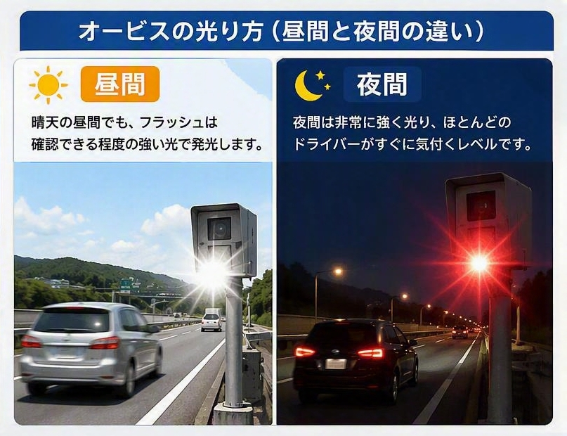 オービスの昼間と夜間の光り方比較